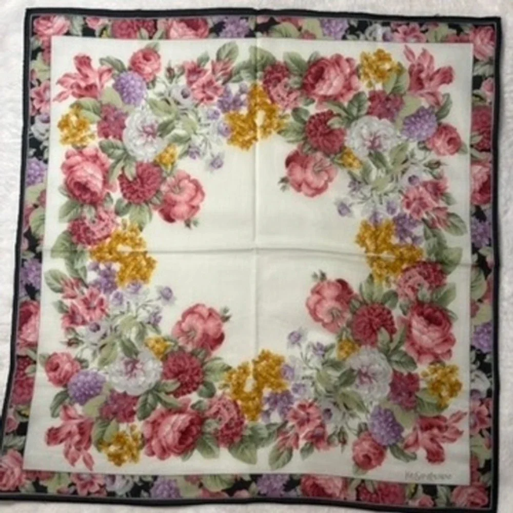 Vtg YVES SAINT LAURENT Scarf Handkerchief Floral White Pink 18